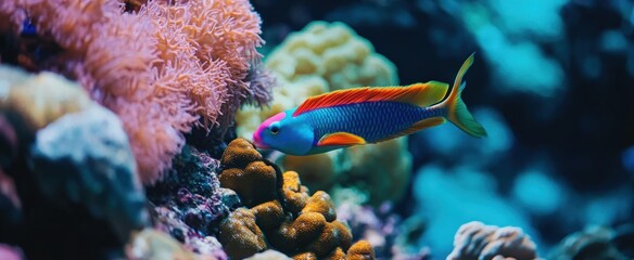 Vibrant Pink-Headed Blue Wrasse Gliding Through a Colorful Coral Reef