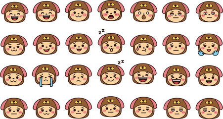 Obraz premium Cute cartoon character emoji set featuring various facial expressions and emotions with dog hat for social media messaging and user interface design.