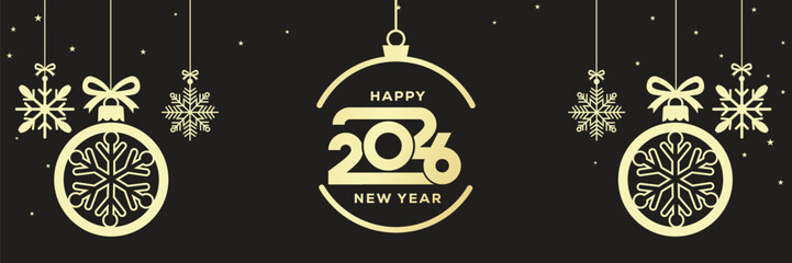 Elegant Happy New Year 2026 banner with golden baubles, snowflakes and hanging stars on a black background, luxury festive holiday illustration ideal for seasonal greetings, web headers and event invi © bibin