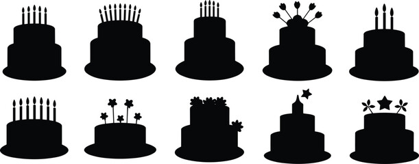 Birthday cake silhouette icons, black vector desserts, candle toppers, celebration sweets, party treats
