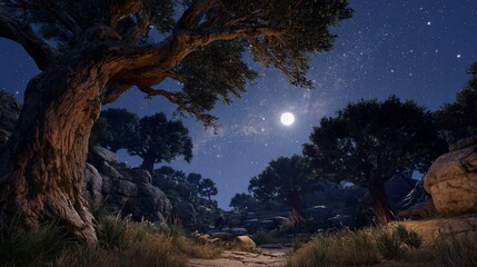 Night forest scene with ancient trees, path, and moonlit starry sky, for nature imagery