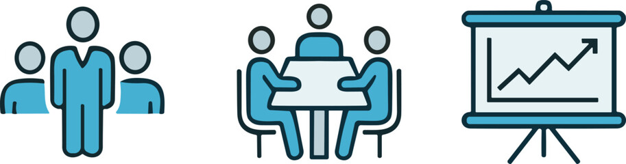 Business leadership, teamwork collaboration, corporate meeting, performance growth, management strategy, organizational success, office icons, vector illustration