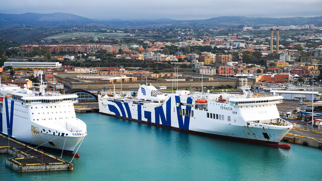 Civitavecchia, Italy- December 19, 2025: Cruise port, GNV ferry in the port of Civitavecchia, Italy