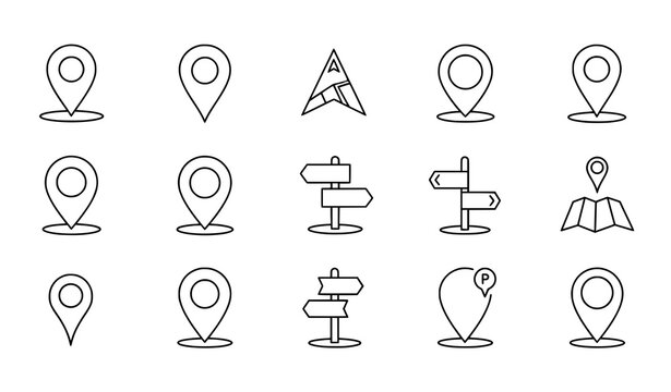 Minimal location pin outline icon vector set with modern map pointer navigation symbols