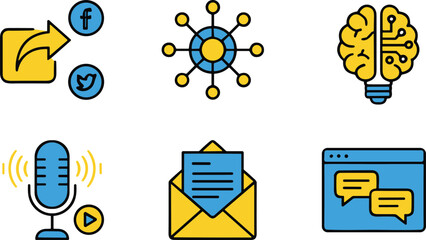 Communication and tech icons, social media, AI brain, microphone, email, chat, connectivity, innovation, 