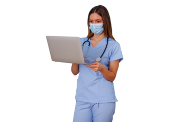Healthcare professional wearing medical mask and scrubs, using laptop for telehealth and online consultations against transparent background