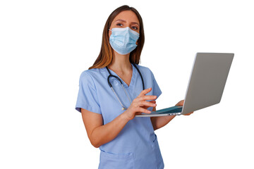 Healthcare professional in scrubs and face mask holding a laptop, representing digital health and telehealth innovation