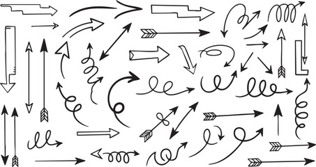 A comprehensive collection of hand-drawn doodle arrows in various styles and directions on a white background.