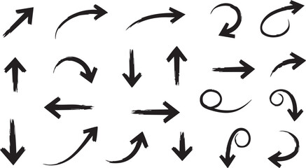 A collection of hand-drawn black arrows pointing in multiple directions with various styles and curves on a white background, useful for design.