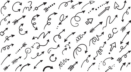A comprehensive collection of hand-drawn black arrows in various styles and directions on a white background, illustrating diverse pointing and directional concepts.