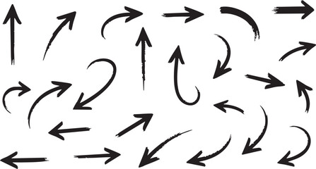 A collection of hand-drawn black arrows pointing in various directions, with a sketchy, brushstroke style on a white background.