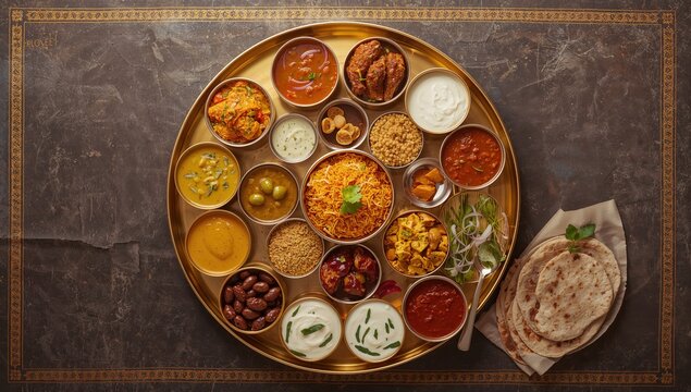 Indian vegetarian thali meal photographed from top view showcasing variety of traditional dishes flavors and regional food culture