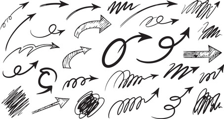 A diverse collection of hand-drawn arrows and scribbles in various styles and directions, perfect for design elements and visual communication.