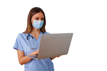 Female medical professional wearing scrubs, a stethoscope, and face mask, working on a modern laptop. Transparent background