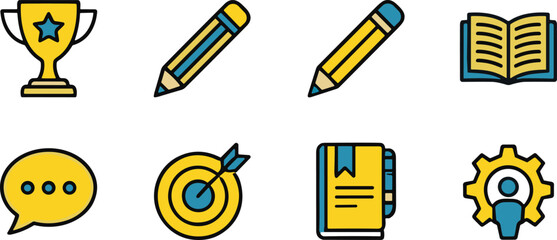 Education icons, trophy symbol, pencil illustration, open book, speech bubble, target icon, planner, gear settings, creativity tools, academic success, writing elements, reading concept,