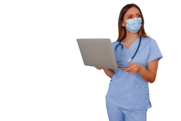 Female healthcare professional wearing medical mask and scrubs, holding laptop, managing patient data transparent background