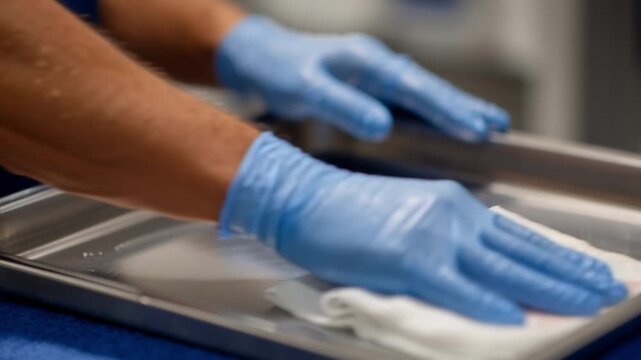 Blue gloved hands placing white gauze with blood stain on metal tray, closeup medical procedure preparation