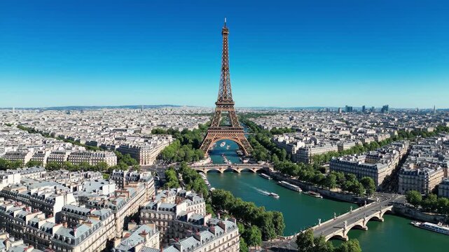 Aerial view of eiffel tower and parisian rooftops over the seine river on a sunny day, 4k