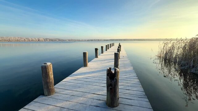 beautiful winter day on the lake with wooden pier