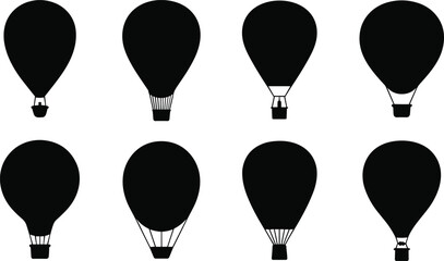 Hot air balloon silhouettes, black vector icons, floating balloons, basket variations, travel theme, adventure concept, graphic design, air transport, balloon shapes, minimal style