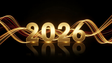 Golden 2026 numbers shimmering with elegant light trails on a reflective dark surface