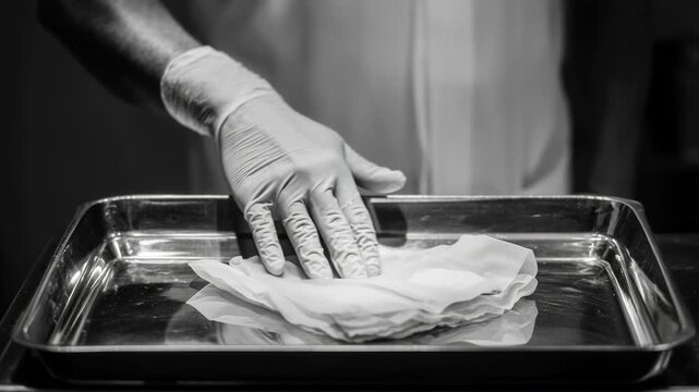 Black and white closeup of latex gloved hand placing sterile gauze on metal tray, medical preparation hygiene concept