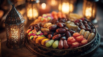Colorful Turkish Delight Sweets with Traditional Lantern &ndash; Festive Islamic Dessert Concept