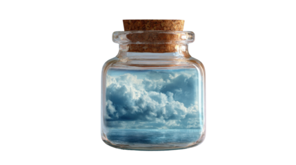 Glass bottle containing clouds and ocean water, symbolizing dreams, escapism, fantasy, environmental conservation, and hope