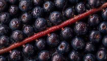 Vivid Macro Shot: Dark Purple Berries on Red Stem with Water Droplets for Botanical Flat Lay