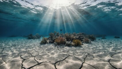Underwater Coral Reef Illuminated by Sunbeams.
