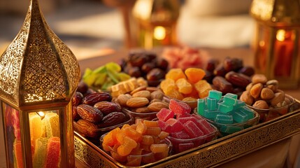 Colorful Turkish Delight Sweets with Traditional Lantern &ndash; Festive Islamic Dessert Concept