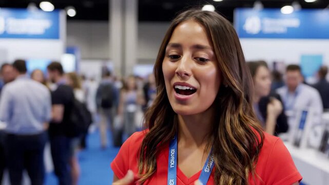Young woman with long brown hair smiling while attending a busy professional trade show or conference event, 4k