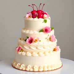 Elegant three-tiered wedding cake with floral decorations