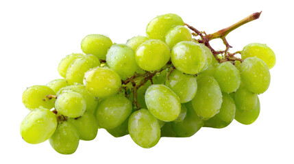 Fresh green grapes bunch showing ripeness and healthy texture, covered in water droplets with a transparent background