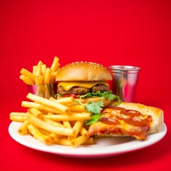 Delicious burger, fries, and pizza slice