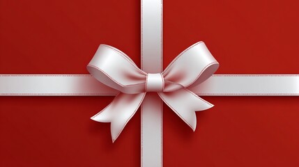 White bow and ribbon gift on red background, simple graphic for celebrations