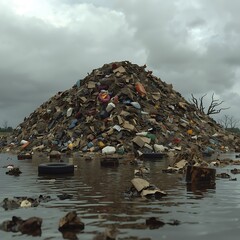 Large pile of waste in flooded area