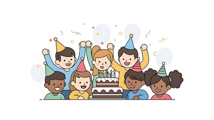 Fototapeta premium Children Celebrating Birthday Party with Cake and Hats