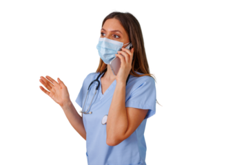 Healthcare professional in face mask and medical uniform having a phone conversation, providing remote consultation or virtual care