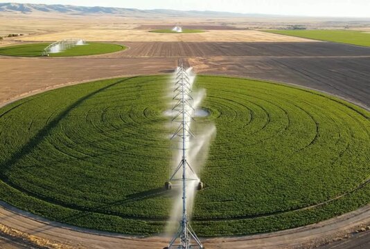 Aerial view of center pivot irrigation system watering circular fields creating concentric patterns of green crops in agricultural landscape