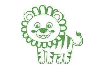Fototapeta premium An outlined green cartoon lion with stripes and fluffy mane appears cheerfully