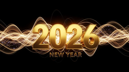 Golden 2026 new year celebration with elegant glowing light waves on a sleek black background
