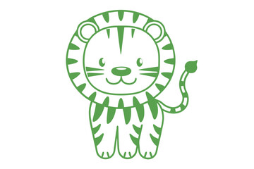 Adorable cartoon tiger cub stands playfully, its green silhouette on bright white