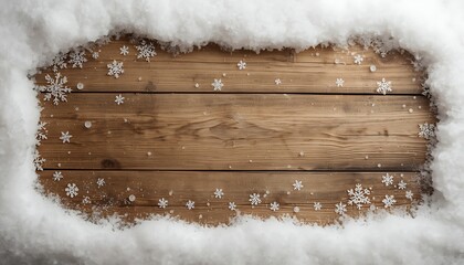Wooden plank in snow with snowflakes