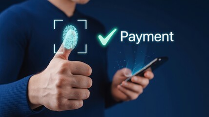A person making a digital payment with a smartphone and fingerprint verification