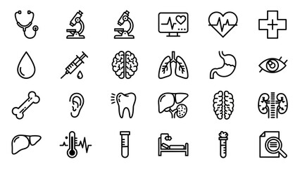Naklejka premium Medical Icons Collection - Essential Healthcare Symbols for Diagnosis and Treatment.