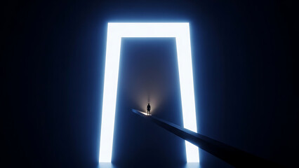 A lone figure walks down a path towards a brightly lit rectangular portal in a dark, futuristic environment