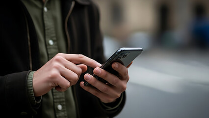 Person holding and using a modern smartphone with their fingers interacting with the screen outdoors