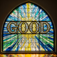 Arched stained glass window radiating vibrant light, featuring the inspiring word 'GOOD' at its heart, symbolizing positivity and artistic craftsmanship