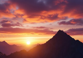 Stunning vibrant golden sunset illuminating the rugged mountain peaks and dramatic cloudy sky, creating a breathtaking atmospheric landscape view, natural, horizon, beautiful